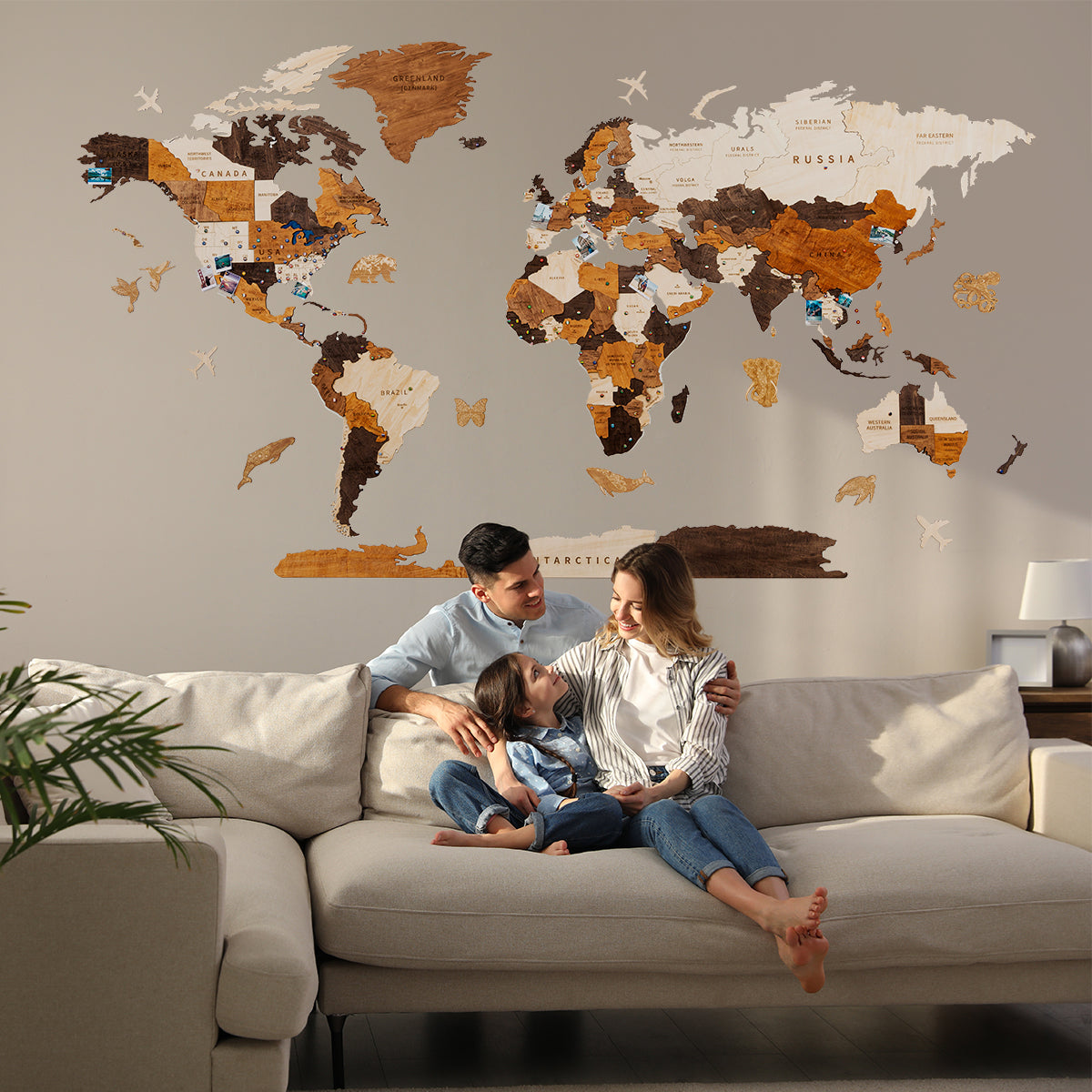 3D Wooden World Map with push pins