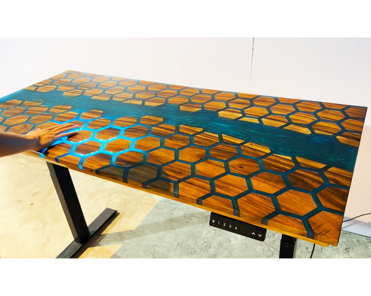 Personalized Handmade LEDs Touch Resin Wooden Table, Hexagon Honeycomb Design Epoxy Table, Height Adjustable Epoxy Resin Table