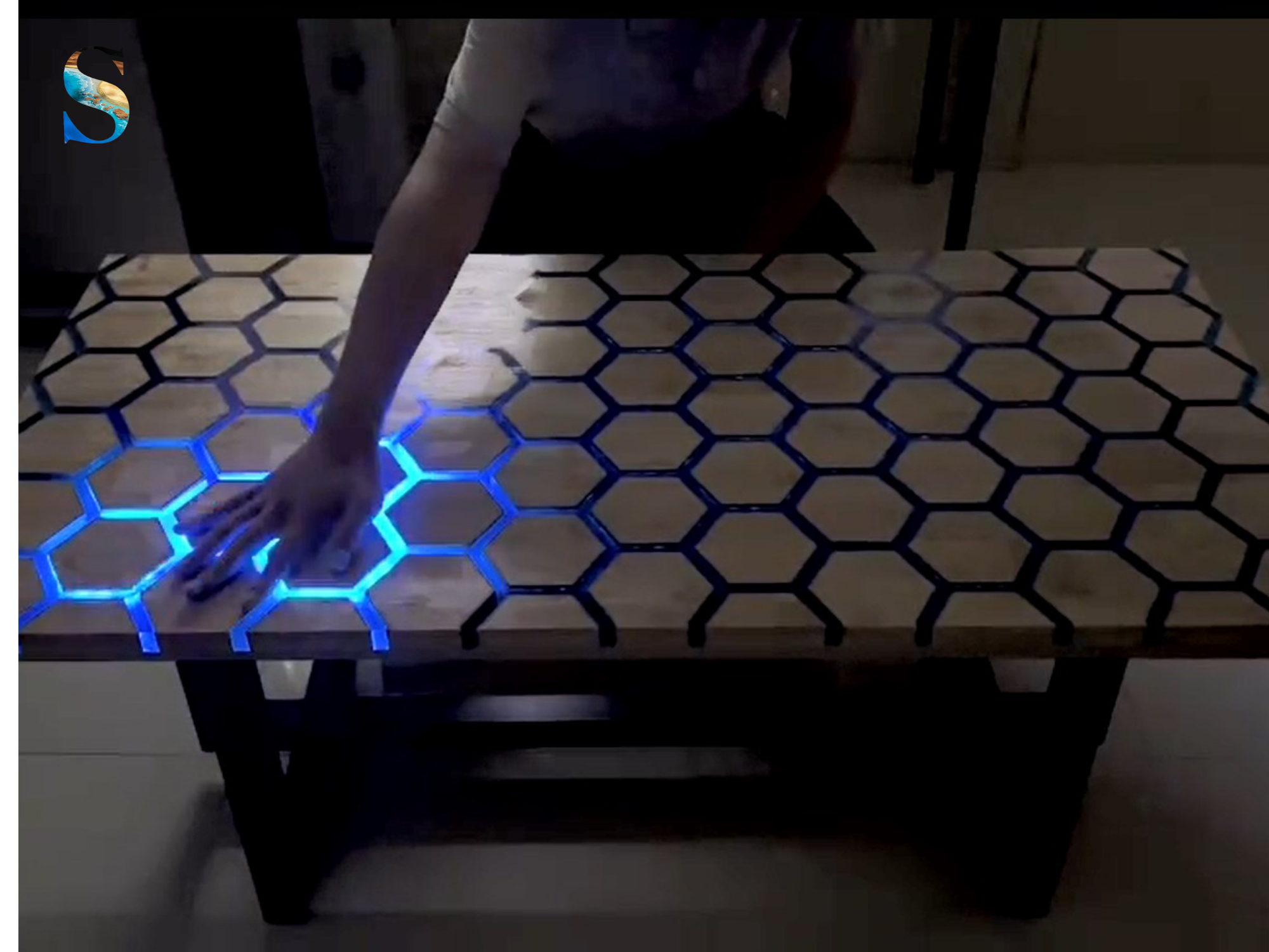 Personalized Hexagon Honeycomb Design Epoxy Table, Handmade LEDs Touch Resin Wooden Table, Epoxy Resin Countertop, Resin Table Top