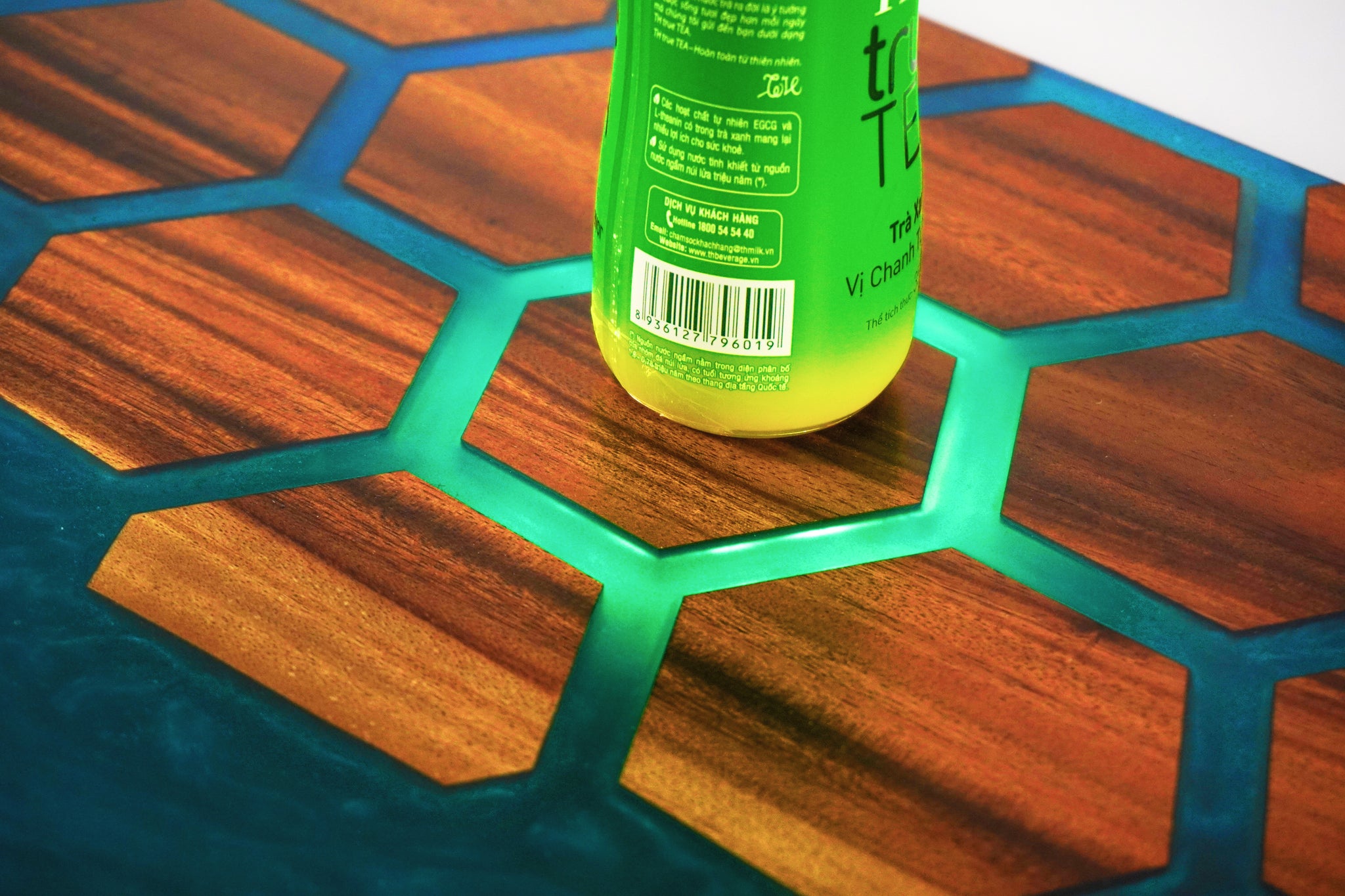 Personalized Handmade LEDs Touch Resin Wooden Table, Hexagon Honeycomb Design Epoxy Table, Height Adjustable Epoxy Resin Table
