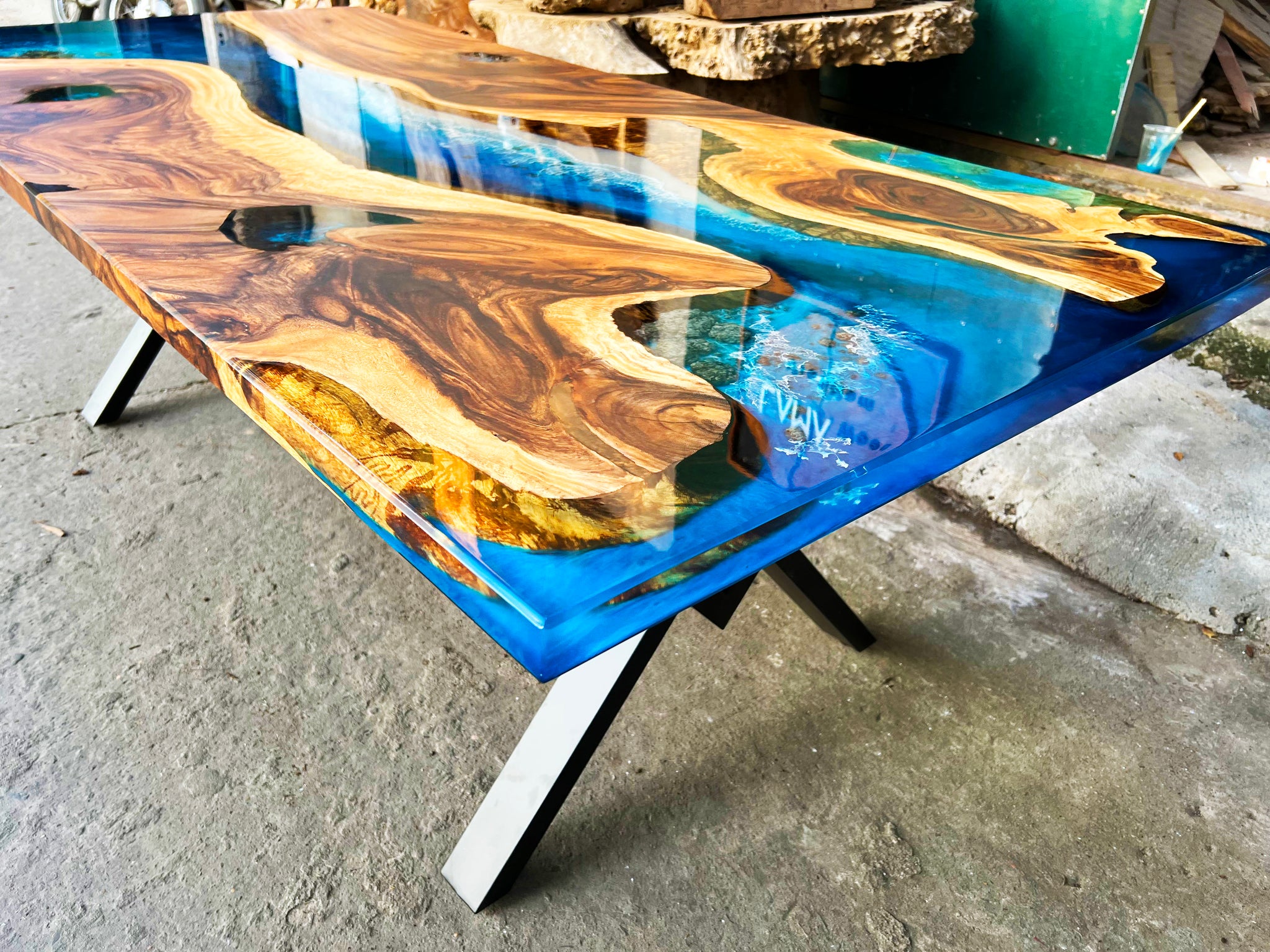 Custom Epoxy Resin Table with Ocean Wave, Ocean Design, Wood Art Resin
