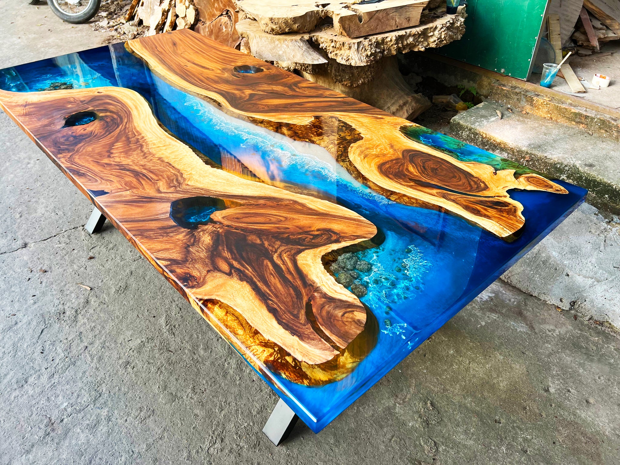 Custom Epoxy Resin Table with Ocean Wave, Ocean Design, Wood Art Resin