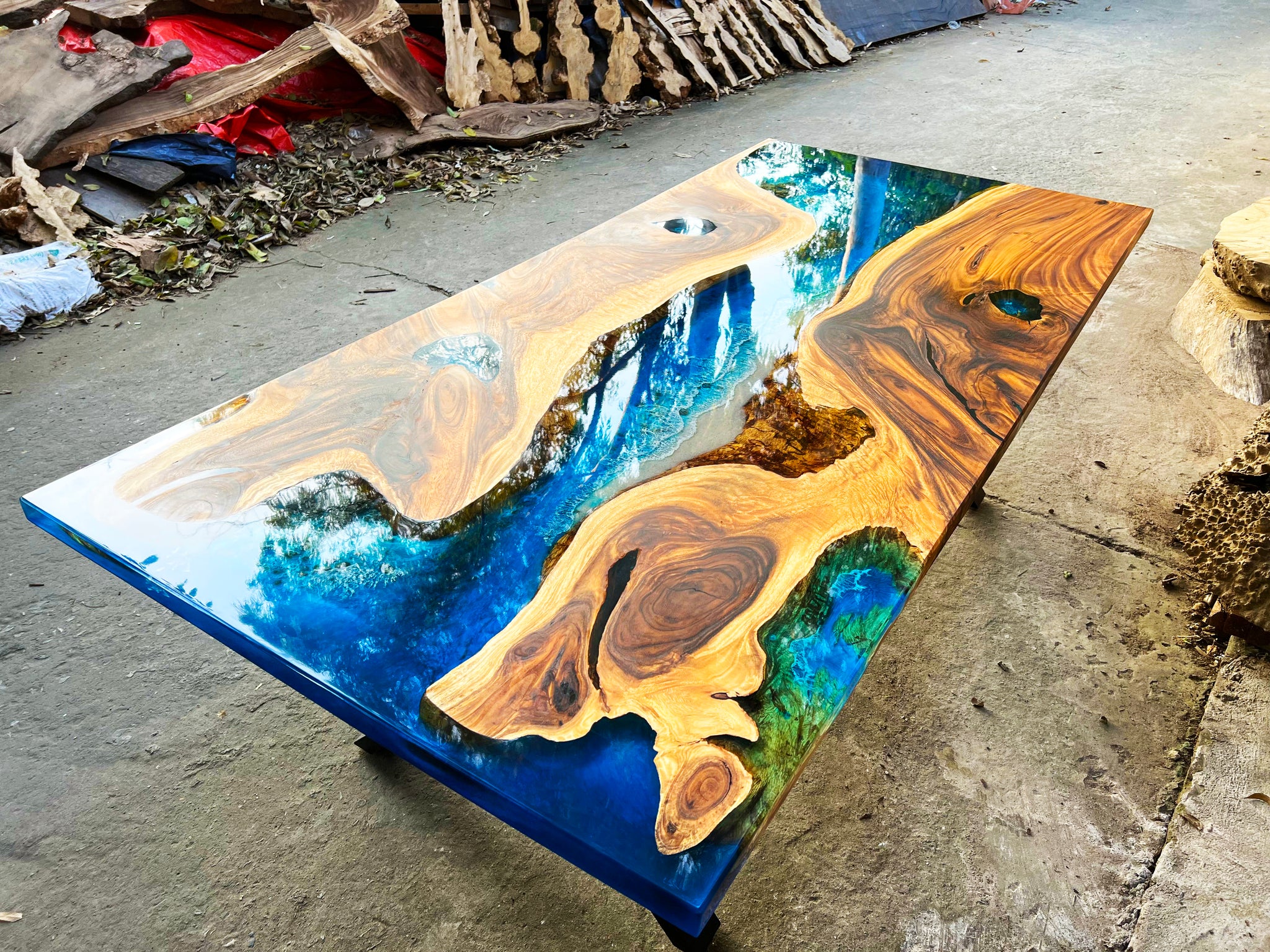 Custom Epoxy Resin Table with Ocean Wave, Ocean Design, Wood Art Resin