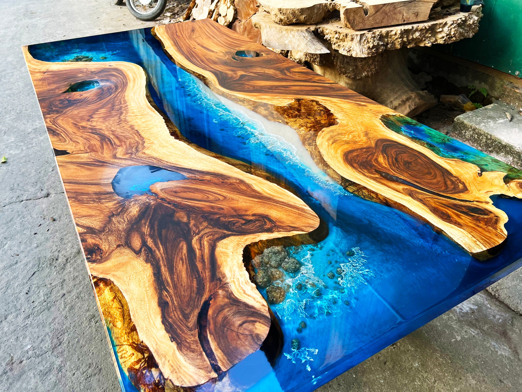 Custom Epoxy Resin Table with Ocean Wave, Ocean Design, Wood Art Resin