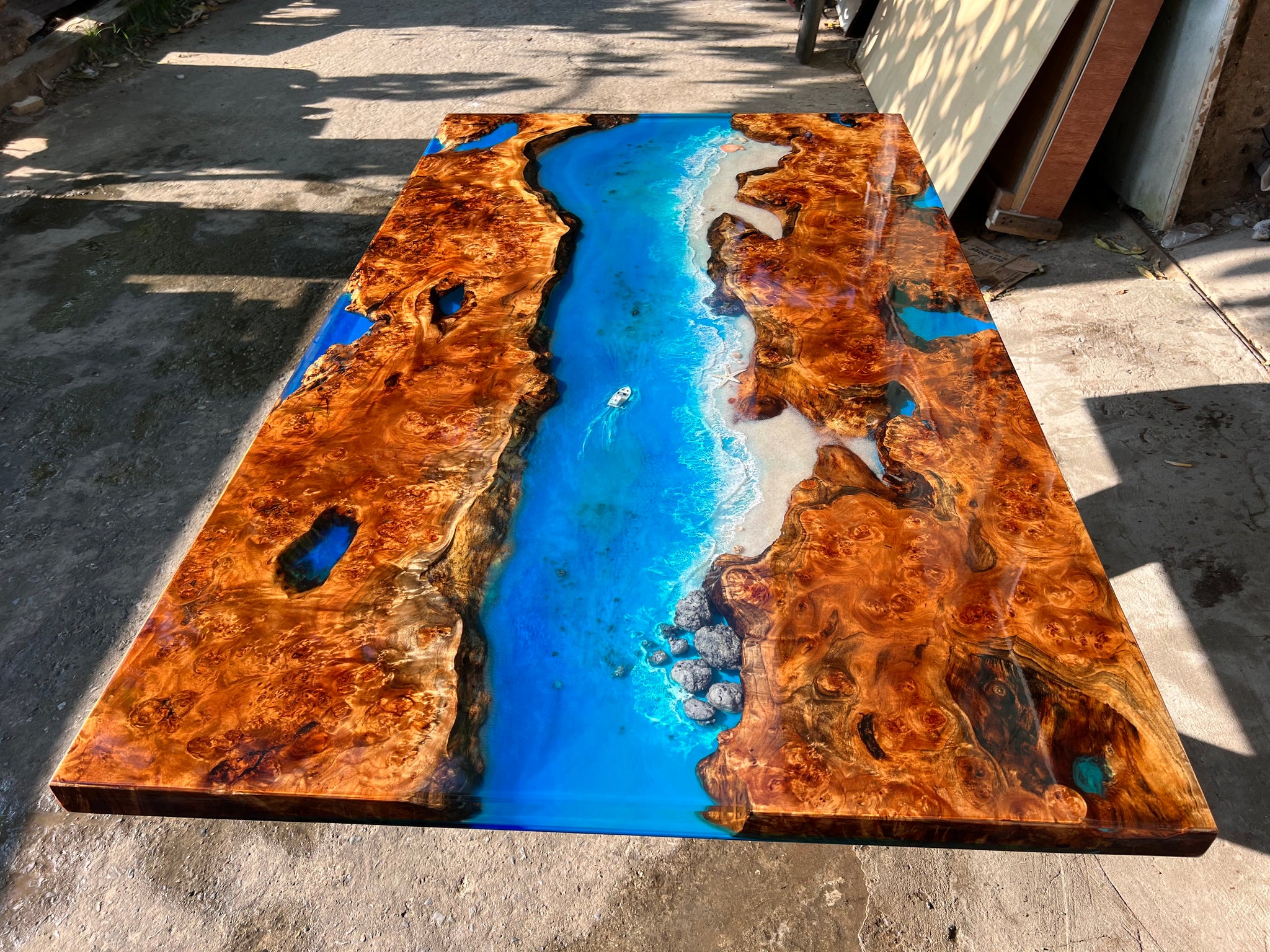 Custom Mappa Wood Live Edge Ocean Epoxy Table, Sea Style Epoxy Resin Table Top, Handmade Ocean Dining Table, Ocean Resin Epoxy Table