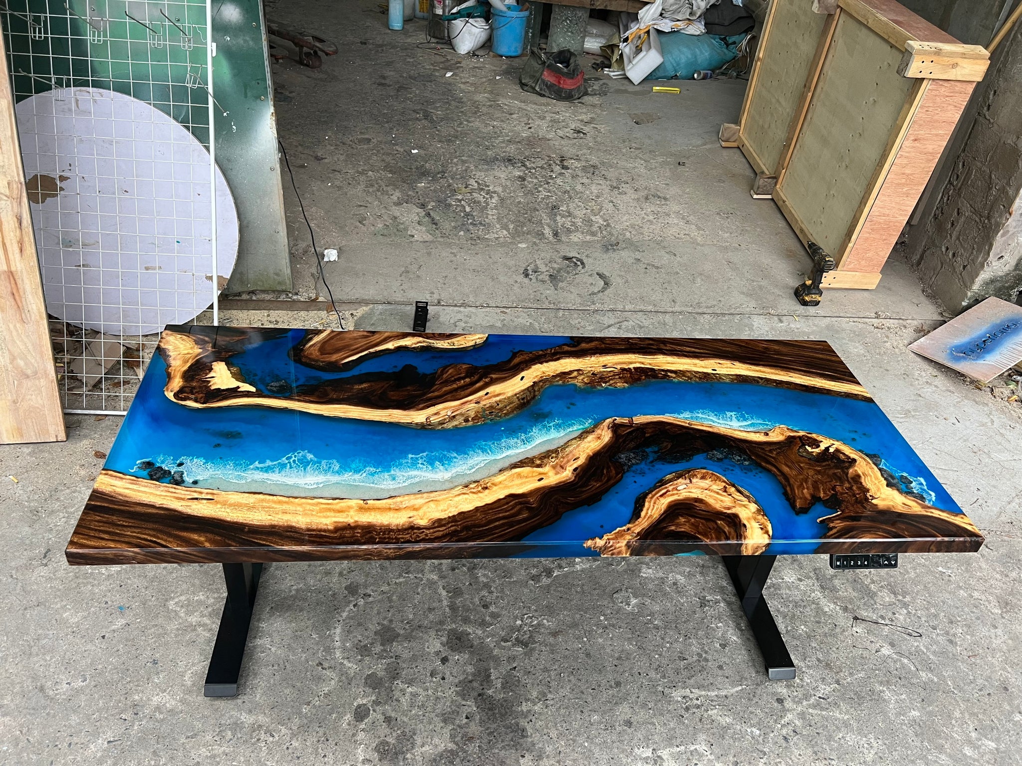 Personalized Height Adjustable Ocean Resin Epoxy Table, Handmade Sea Design Blue Epoxy Dining Table, Live Edge Ocean Epoxy Table