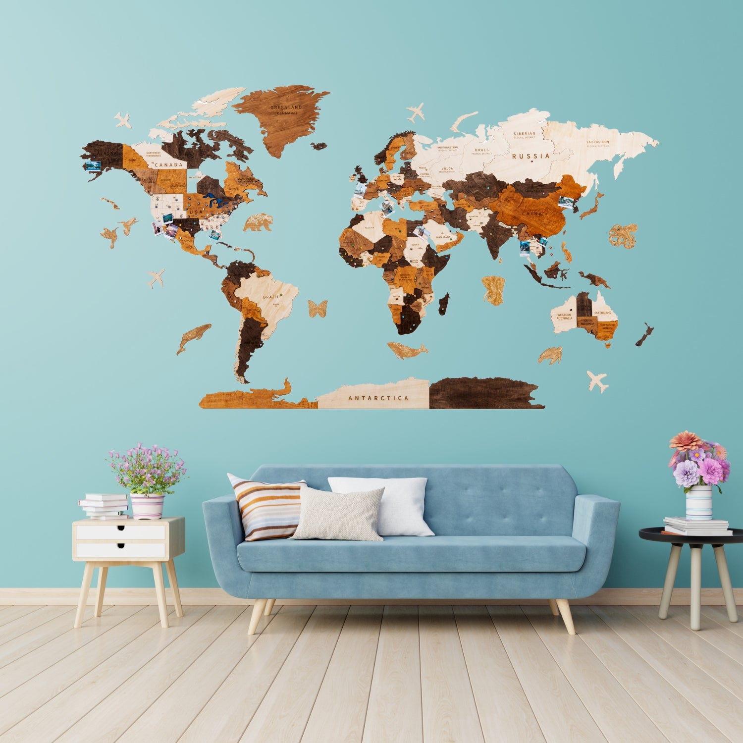 3D Wooden World Map with push pins - Living room