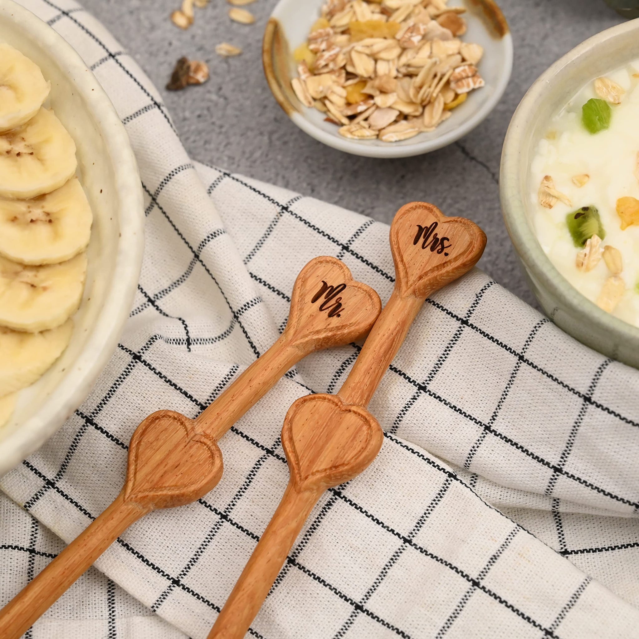 Wooden Engraved Mr and Mrs Coffee Stirrers, Heart Shaped Soup Spoons
